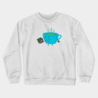 A Cup of Tea Solves Everything - cute blue tea cup with Rubik cube Crewneck Sweatshirt